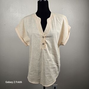 Women’s Beige Short Sleeve Notch Neck Top with Wooden Buttons – Size Medium